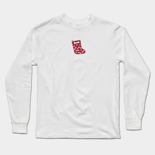 Red Christmas sock with white doodle paw prints and bones Long Sleeve T-Shirt